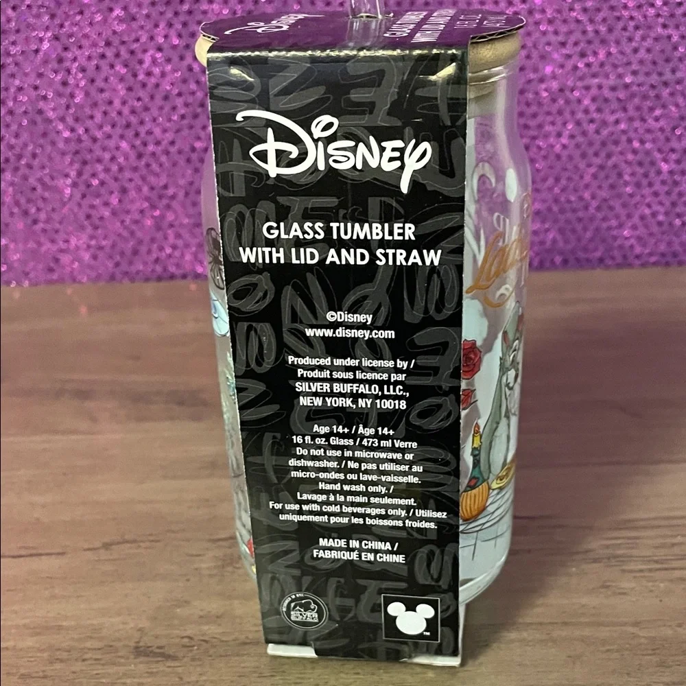 Disney Lady & the Tramp Glass Tumbler • 16 oz • Wood Lid & Straw • NWT - Picture 4 of 5